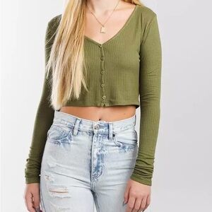 Double Zero Green Ribbed Button Down Crop Top